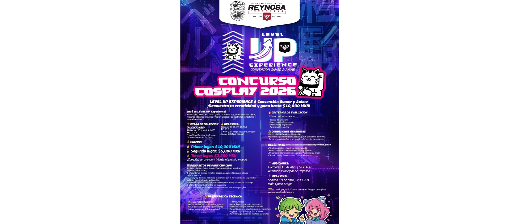Celebrará Reynosa Concurso Gamer & Anime 2026 LEVEL UP Experience