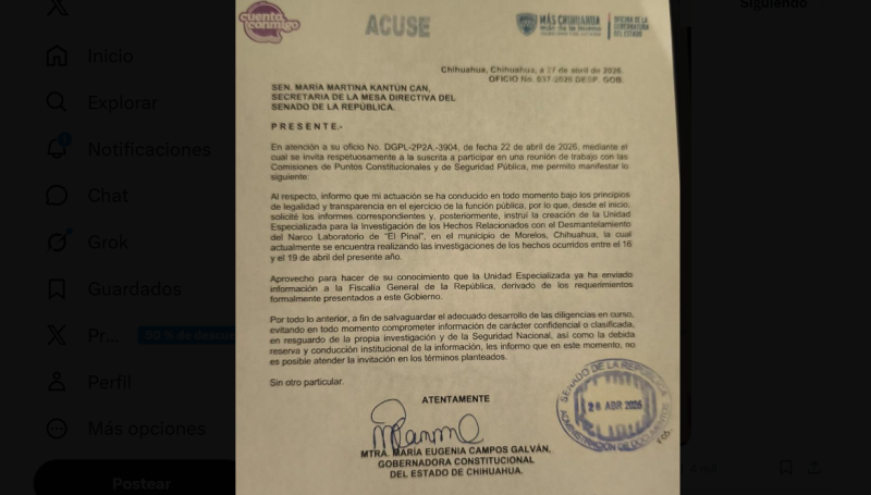 Maru Campos rechaza reunión en Senado sobre agentes de la CIA