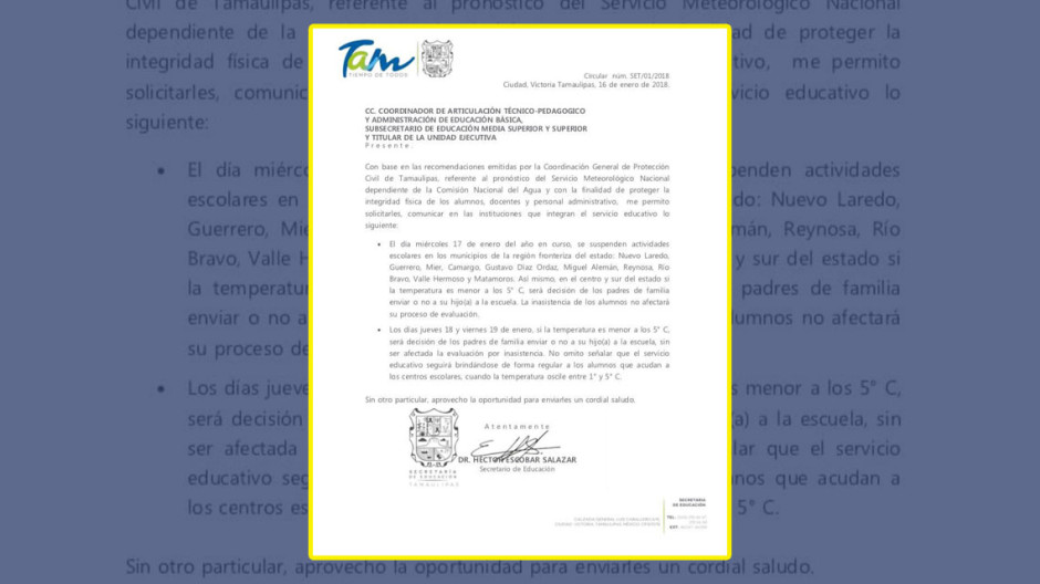 Suspenden clases por bajas temperaturas en 10 municipios de la frontera.