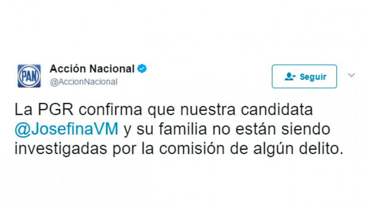 Asegua Anaya que Josefina no es investigada por la PGR