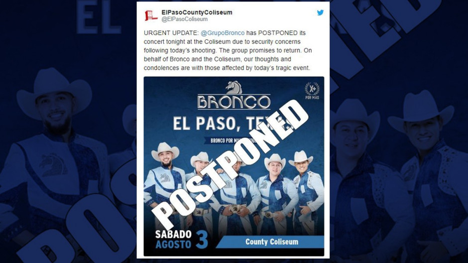 Pospone Grupo Bronco concierto tras balacera en El Paso, Texas