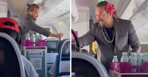 Jason Momoa sorprende al aparecer repartiendo bebidas como sobrecargo