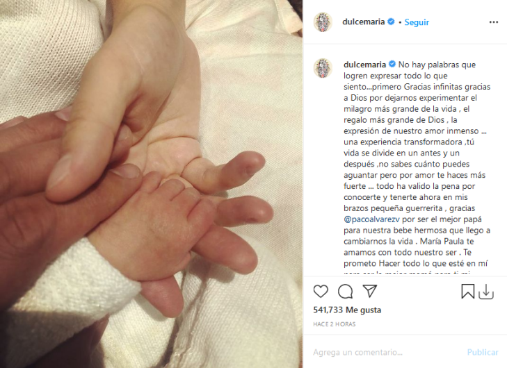 Dulce María anuncia nacimiento de su bebé