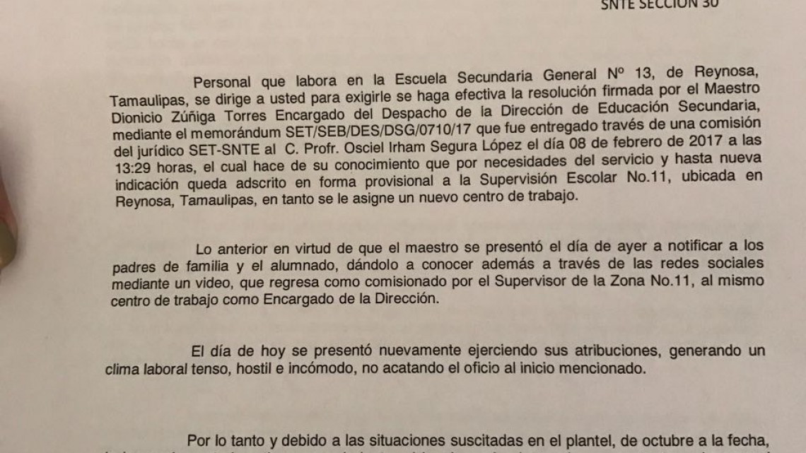 Piden maestros solución a conflicto en Secundaria 13 de Reynosa