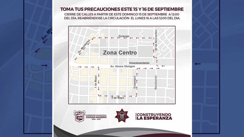 Anuncian cierre de vialidades por festejos patrios