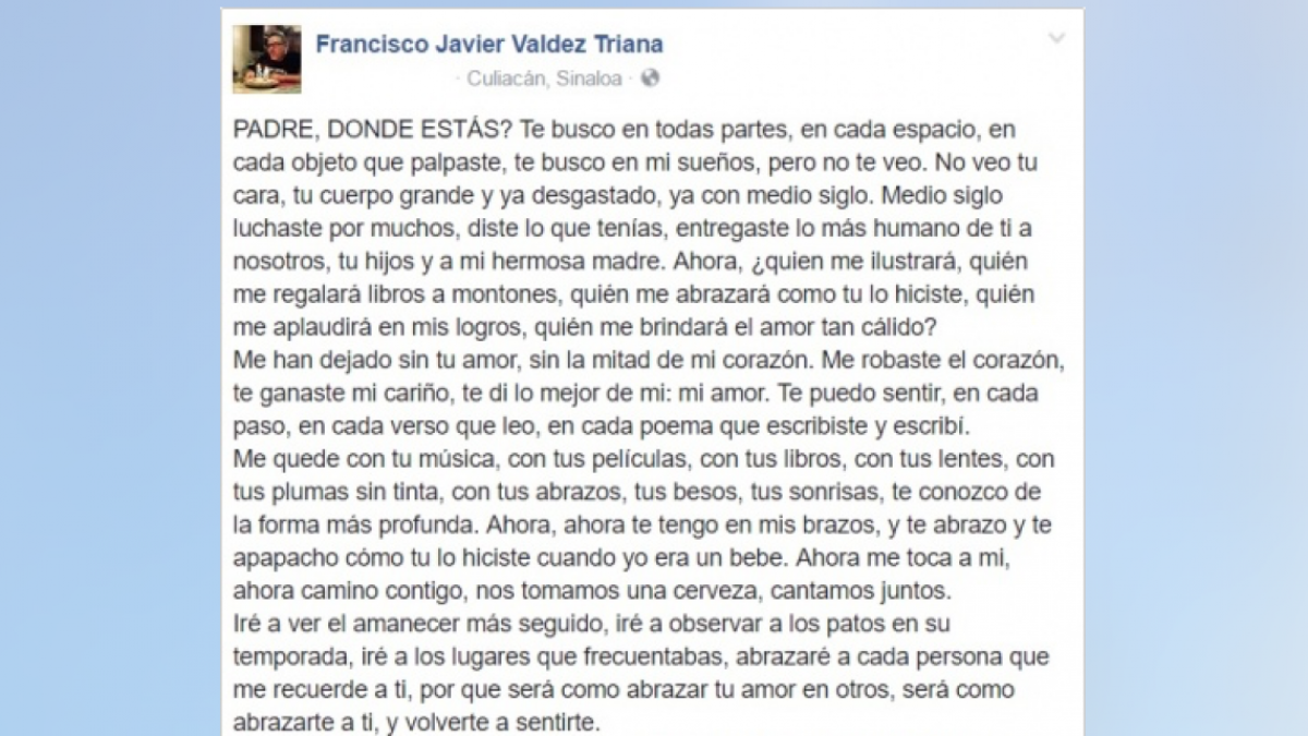 Hijo de Javier Valdez emite mensaje por facebook