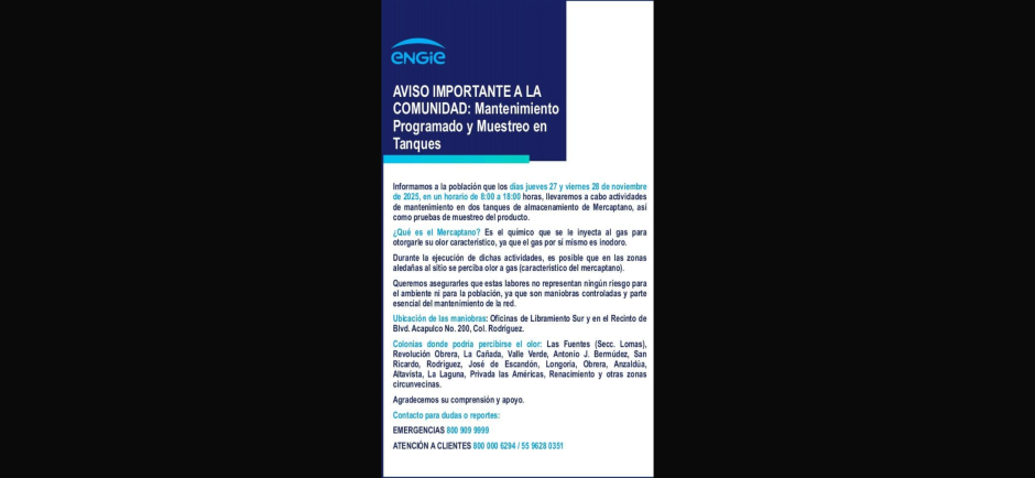 Mantenimiento de ENGIE podría generar olor a mercaptano y cortes de gas