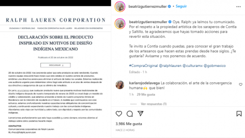 Ralph Lauren se disculpa tras ser acusado de "plagio" de diseño textil mexicano; Beatriz Gutiérrez los invita a México 