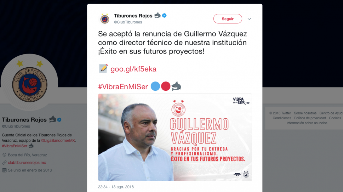 Guillermo Vázquez deja de ser técnico de Veracruz 