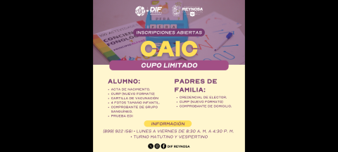 Abre DIF-Reynosa inscripciones en CAIC con atención integral para niñas y niños