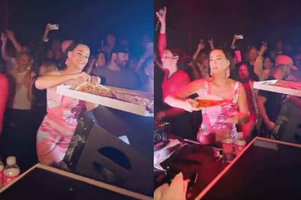 Captan a Katy Perry aventando rebanadas de pizza en un antro