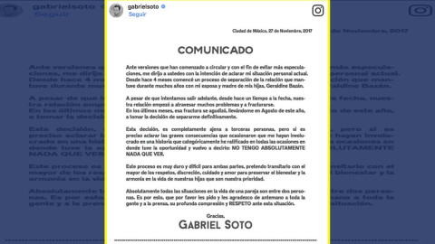 Gabriel Soto confirma su separación de Geraldine Bazán