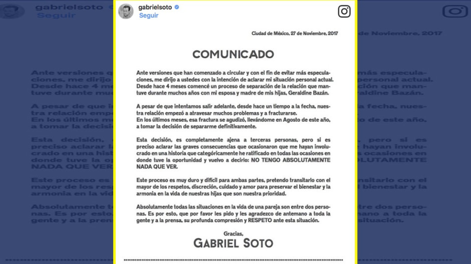 Gabriel Soto confirma su separación de Geraldine Bazán