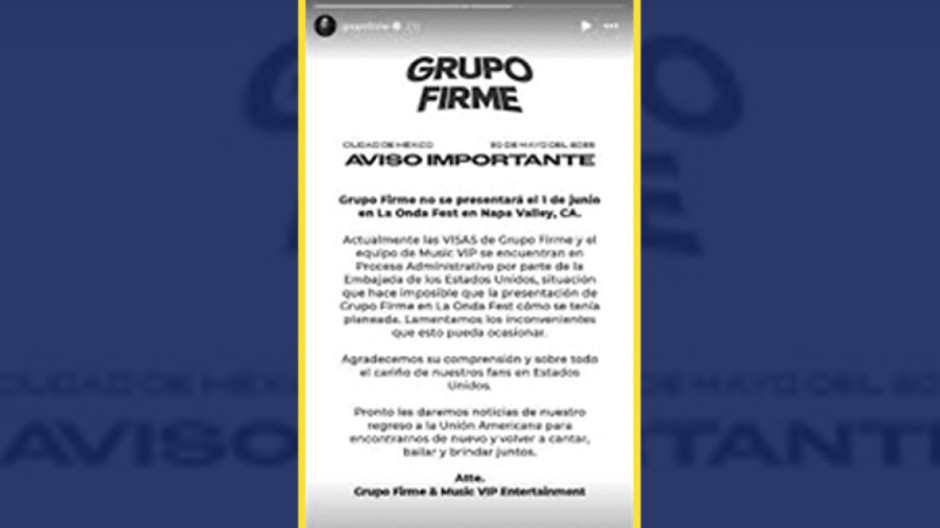 Visas de Grupo Firme en 'proceso administrativo'; cancela presentaciones en Estados Unidos