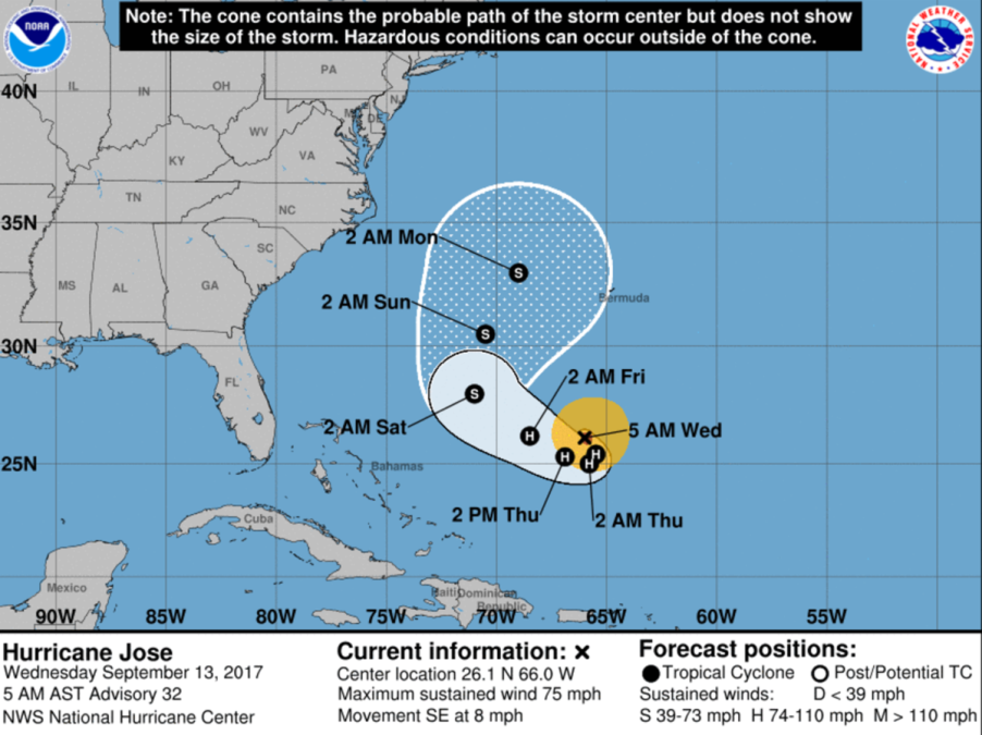 El huracán José, de categoría 1, se mueve entre Bahamas y Bermudas
