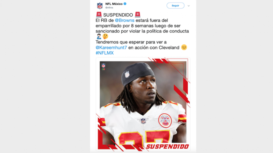 NFL suspende ocho partidos a Kareem Hunt 