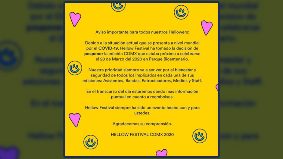 Hellow Festival 2020 es pospuesto por pandemia de COVID-19