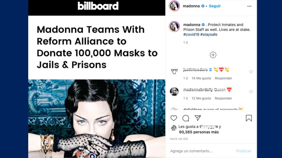 Madonna apoya a prisiones de EU con 100 mil cubrebocas