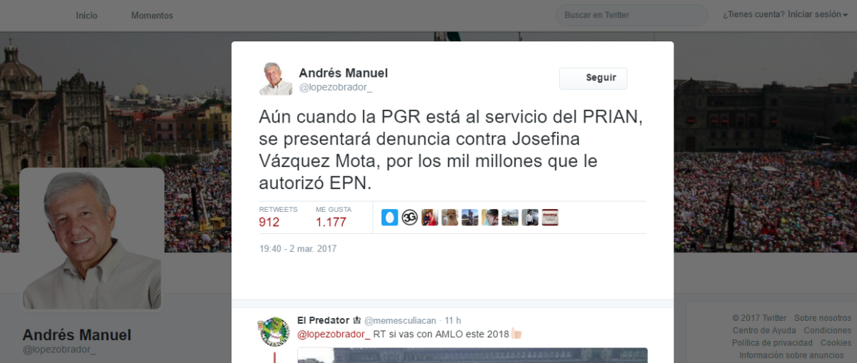 Presentará AMLO denuncia ante la PGR contra Vázquez Mota