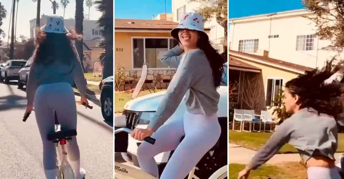 Por posar, Eiza González cae abruptamente de su bicicleta
