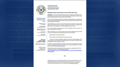 Condado Hidalgo reporta 3 casos de Virus del Nilo Occidental 