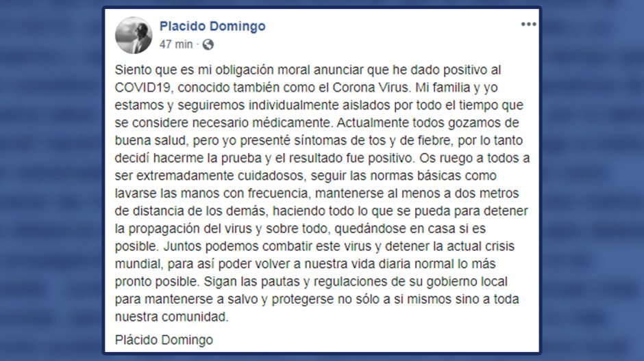 Plácido Domingo da positivo a COVID-19